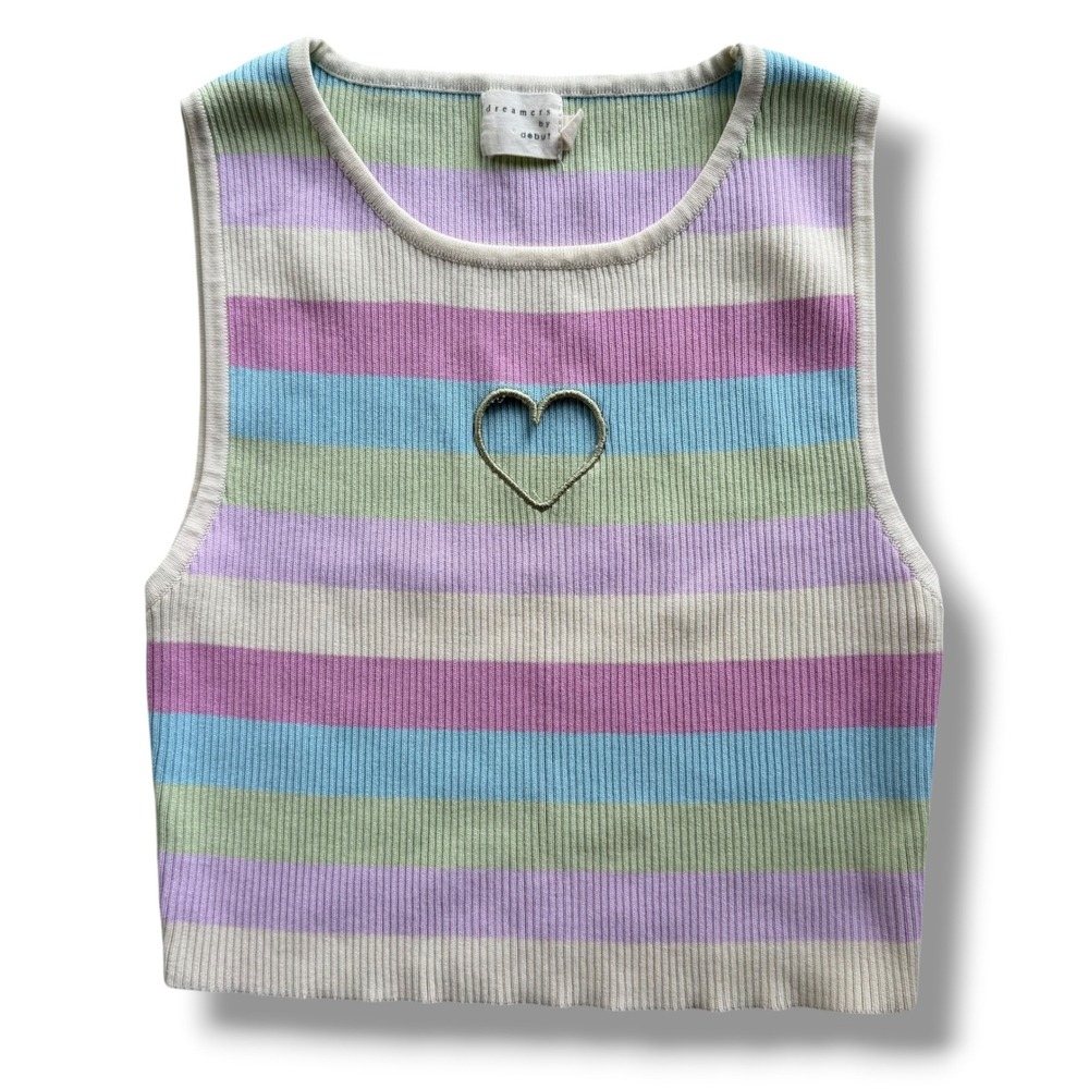 Dreamers by Debut Women's S Pastel Stripe Heart Cutout Ribbed Knit Crop Tank Top